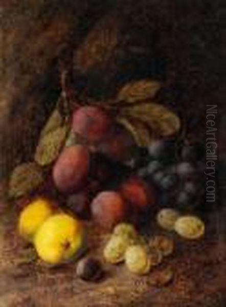 Still Life, Ripe Plums, Grapes And Apples On A Mossy Bank Oil Painting by Vincent Clare