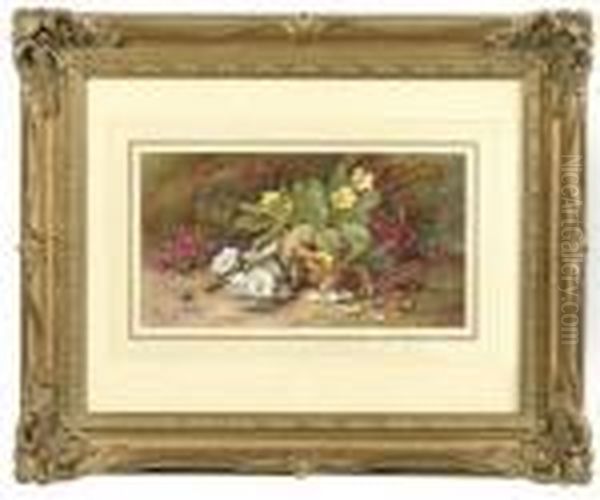 Yellow Primroses, White Nasturtiums And Other Flowers In A Basket On A Mossy Bank Oil Painting by Vincent Clare