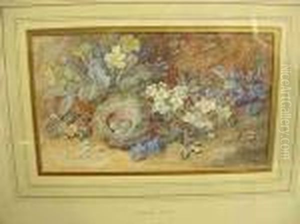 Stilllife With Birds Nests And Eggs Among Primroses And Blossom Oil Painting by Vincent Clare