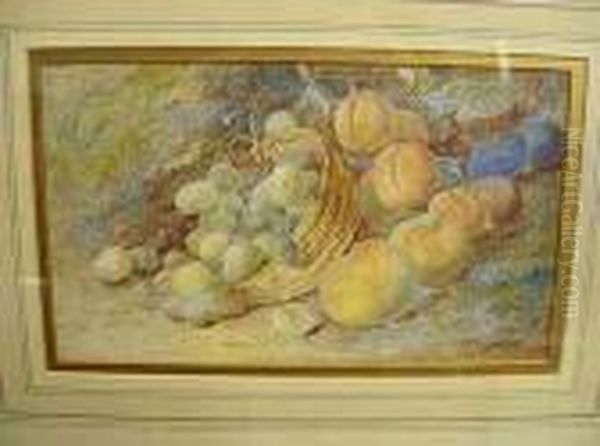 Watercolour, Stilllife Peaches, Plums And Grapes In A Basket Oil Painting by Vincent Clare