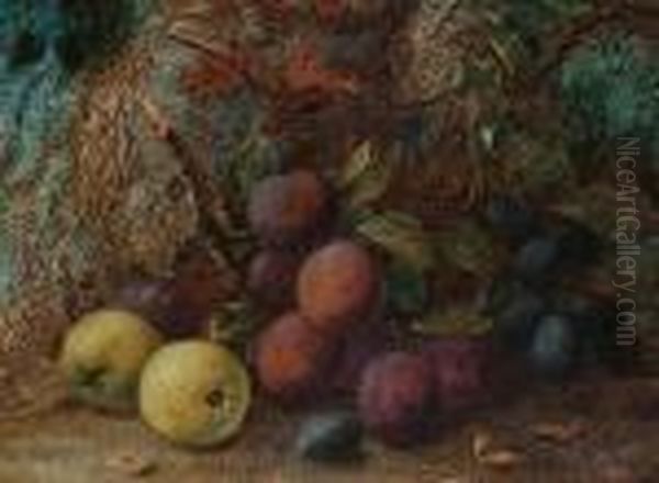 Still Life Of Plums And Apples On A Mossy Bank Oil Painting by Vincent Clare