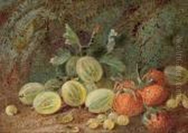 Primroses, Azaleas And May Blossom; And Gooseberries And Strawberries Oil Painting by Vincent Clare