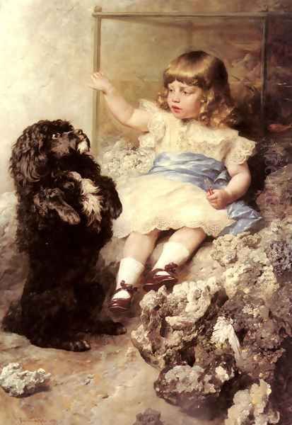 'Mach Männchen!' ('Give Me Your Paw!') Oil Painting by Ferdinand Keller