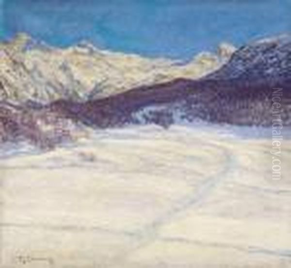 Winterlandschaft Bei St.moritz Mit Blick Auf Den Piz Languard Oil Painting by Maximilian Clarenbach