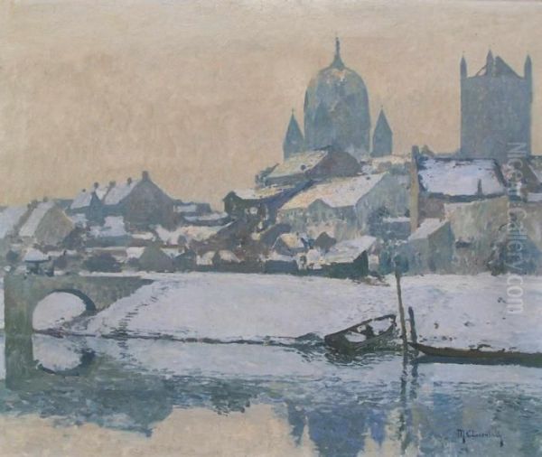 Winterlandschaft Mit Rhein Und Stadtsilhouette Von Neuss Oil Painting by Maximilian Clarenbach