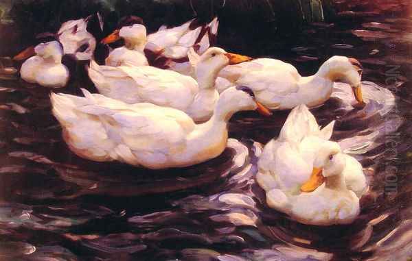 Six Ducks in the Pond Oil Painting by Alexander Max Koester