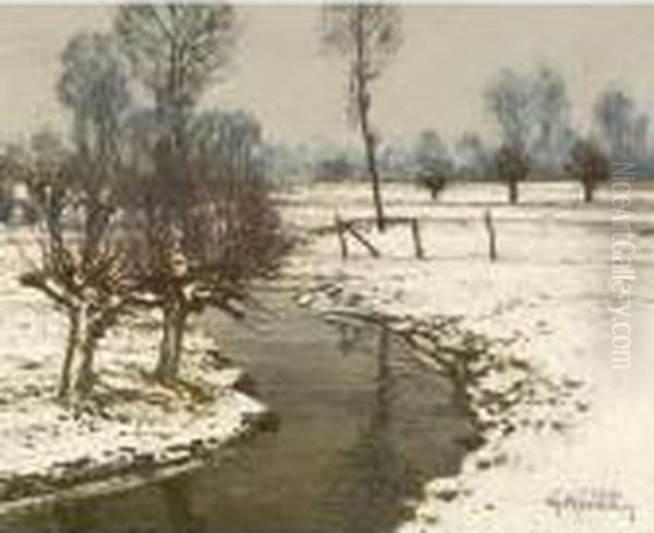 Von Kopfweiden Flankierter 
Schmaler Flusslauf, Zwischenschneebedeckten Ackern Maandrierend Oil Painting by Maximilian Clarenbach