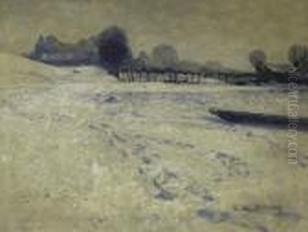 Snowlandscape Near Wittlaer. Signed Bottom Right: M. Clarenbach Oil Painting by Maximilian Clarenbach