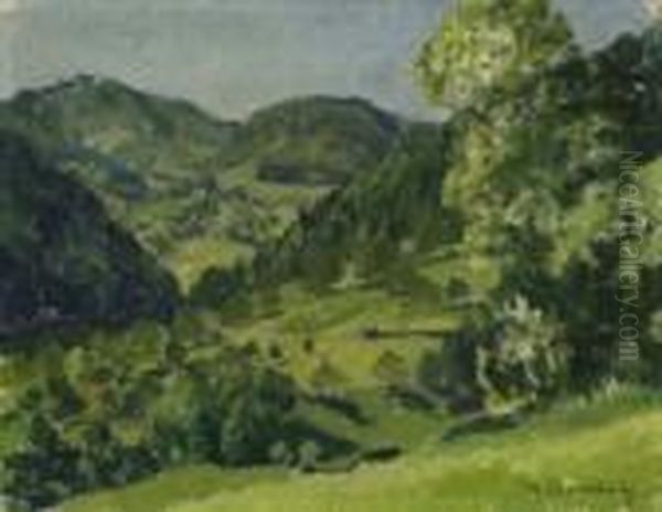 In Early Summer. View From A 
Knoll Onto The Foresty Rolling Hills. Signed Bottom Right: M. Clarenbach Oil Painting by Maximilian Clarenbach