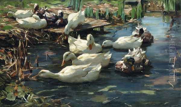 Ducks in a Quiet Pool Oil Painting by Alexander Max Koester