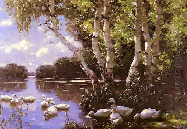 Elf Enten Unter Birken Und Im Wasser (Eleven Ducks) Oil Painting by Alexander Max Koester