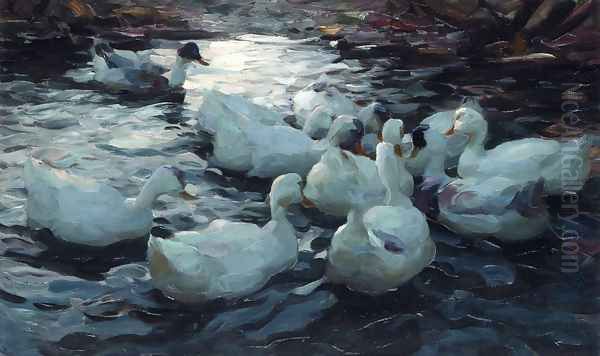 Ducks Feeding Oil Painting by Alexander Max Koester