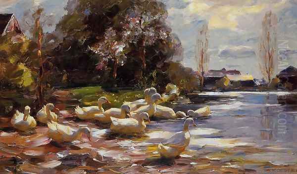 Ducks on a Riverbank on a Sunny Afternoon Oil Painting by Alexander Max Koester