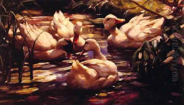 Ducks in a Forest Pond Oil Painting by Alexander Max Koester