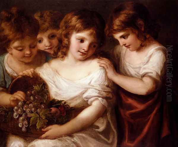 Children With A Bird's Nest And Flowers Oil Painting by Angelica Kauffmann