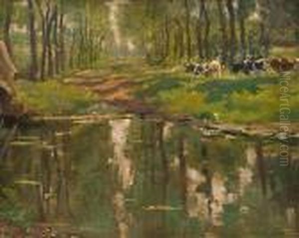 Cattle In Sunlitwoodland Oil Painting by Emile Claus