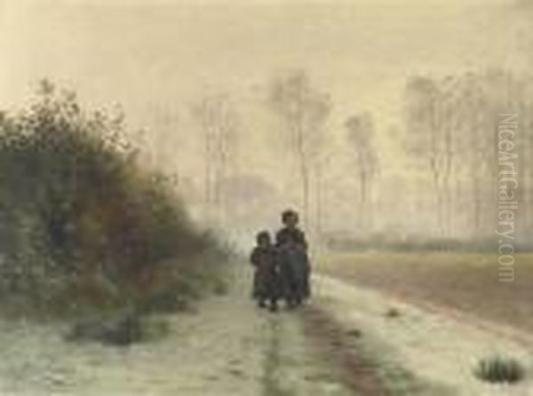 Deux Petites Filles: Two Little Girls On A Winter's Day Oil Painting by Emile Claus