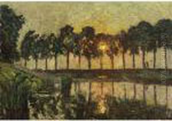 Trees By A Lake, Sunset Oil Painting by Emile Claus