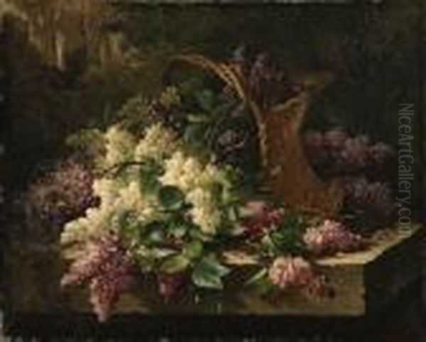 A Still Life With Lilacs In A Basket And A Bird's Nest Oil Painting by Emile Claus