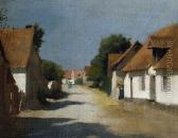 A Sunny Village Street, France Oil Painting by George Clausen