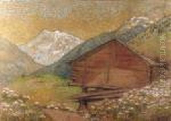 Log Cabin In The Mountains Oil Painting by George Clausen