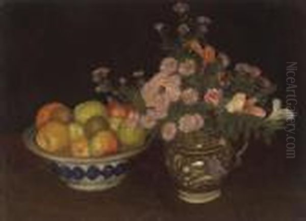 A Jug Of Wild Flowers And Fruit In A Bowl Oil Painting by George Clausen