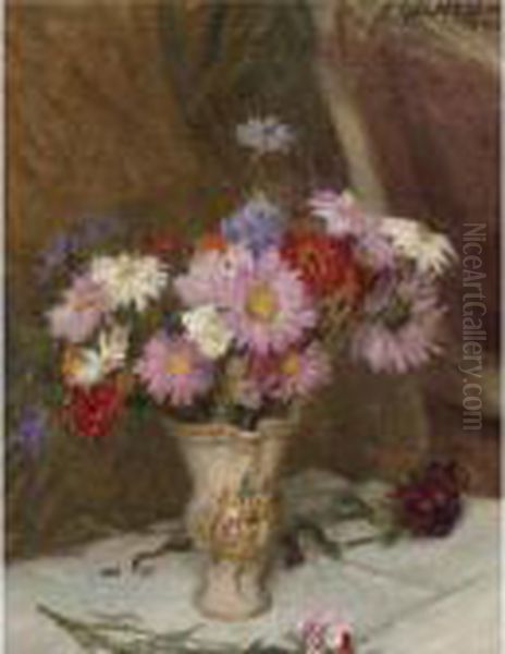 Still Life With Michaelmas Daisies And Cornflowers In A Jug Oil Painting by George Clausen