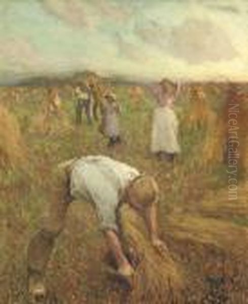 Harvest - Evening Oil Painting by George Clausen