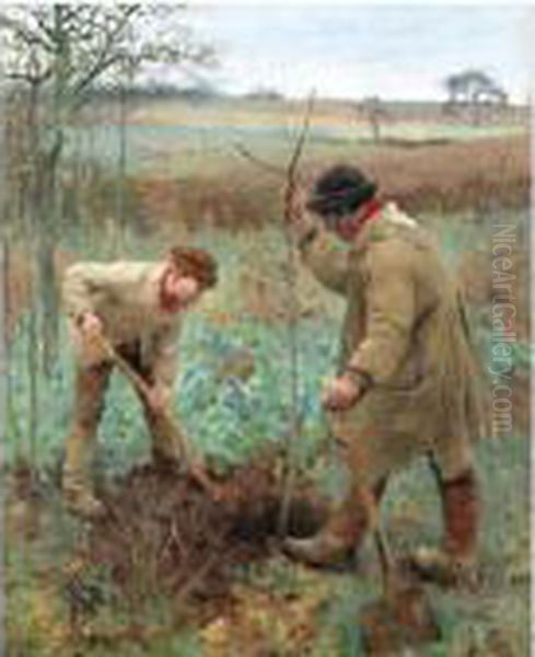 Planting A Tree Oil Painting by George Clausen