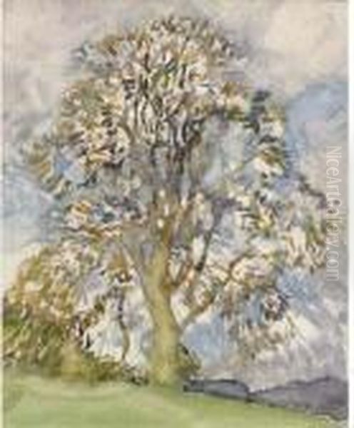 Oak Tree In Spring; A Corner Of The Farmyard (illustrated) Oil Painting by George Clausen