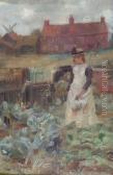 Young Girl In A Vegetable Patch Oil Painting by George Clausen