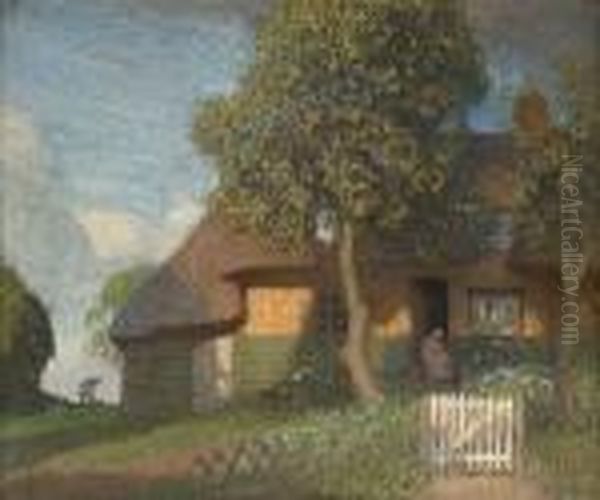 Clark's Cottage, Duton Hill, Essex, Evening Oil Painting by George Clausen