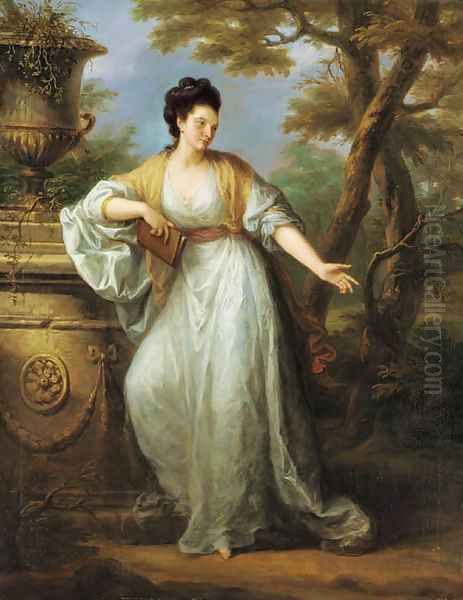 Portrait of Mrs. Mary Pocklington of Winthorpe Hall, Nottinghamshire, full-length, in a white dress with a red sash, holding a book in her left hand, Oil Painting by Angelica Kauffmann