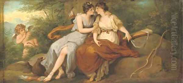 Jupiter disguised as Diana with Callisto, seated on a rock in a wooded landscape with Cupid beyond Oil Painting by Angelica Kauffmann