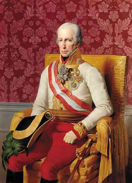 Portrait of Emperor Franz I, three-quarter-length, seated in an empire style chair and wearing military dress Oil Painting by Johann Peter Krafft