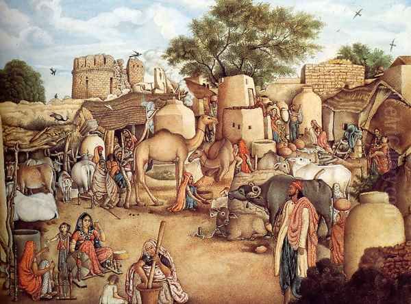 A Village Scene In The Punjab Oil Painting by Gulam Ali Khan