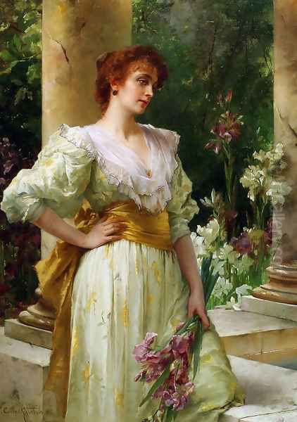 Woman in White Holding Irises Oil Painting by Conrad Kiesel