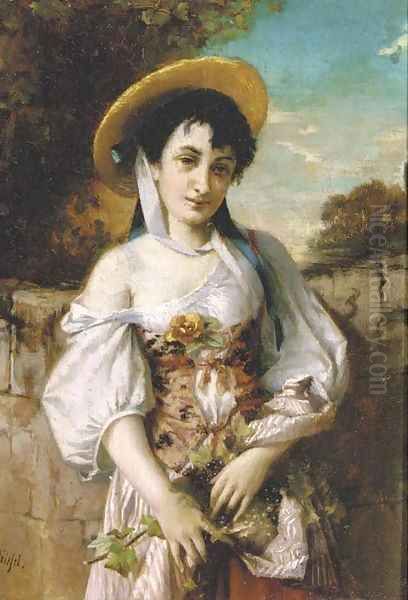 A young beauty with harvested grapes in her apron Oil Painting by Conrad Kiesel