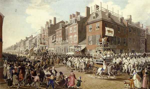 View of the Parade of the Victuallers From Fourth and Chestnut Streets Oil Painting by John Lewis Krimmel