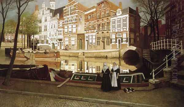 A View in Delfshaven with Women in Custume conversing on a Quay along a Canal Oil Painting by Johannes Christiaan Karel Klinkenberg