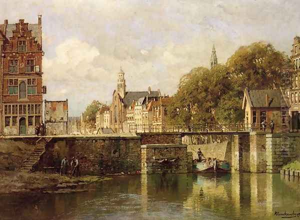 A View of Amsterdam with a Man in a Flat on a Canal, a Church in the Distance Oil Painting by Johannes Christiaan Karel Klinkenberg