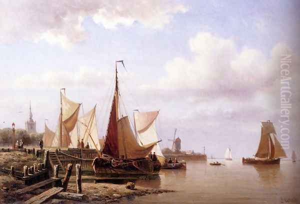 A River Estuary With Moored Fishing Pinks And Townsfolk On The Quay Oil Painting by Everhardus Koster