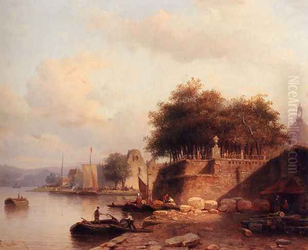 Numerous Townsfolk On A Quay Of A Town Along The Rhine Oil Painting by Everhardus Koster