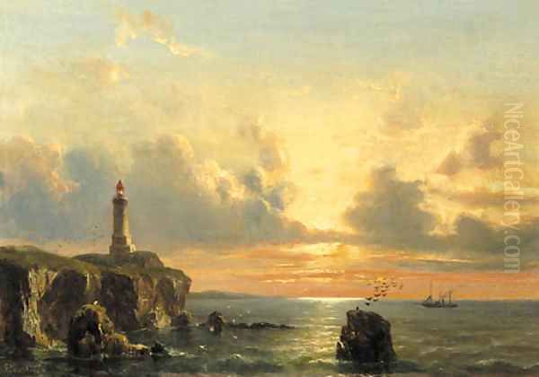 A coastal landscape with a lighthouse at sunset Oil Painting by Everhardus Koster