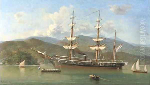 A Dutch naval barque anchored off a foreign coast Oil Painting by Everhardus Koster