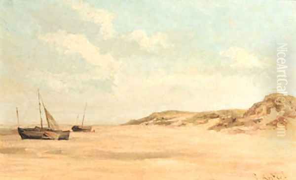 Beached fishing-boats on a deserted beach Oil Painting by Everhardus Koster