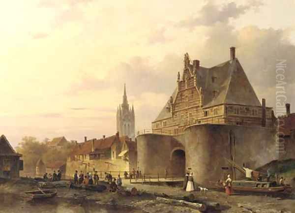 The Waterslootpoort at Delft at sunset, with the Prinsenhof in the distance Oil Painting by Everhardus Koster