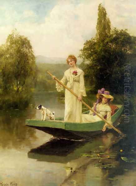 Two Ladies Punting on the River Oil Painting by Henry John Yeend King