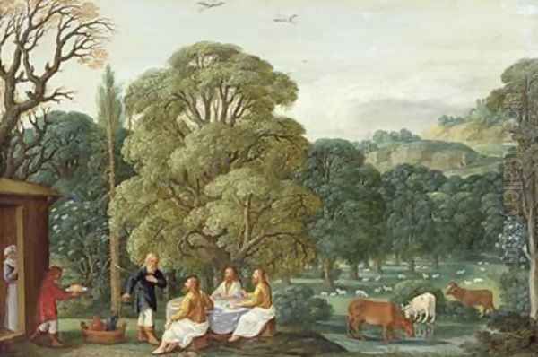 Abraham entertaining the Three Angels Oil Painting by Johann Konig