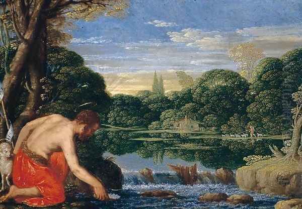 Wooded River Landscape with St John the Baptist c. 1610 Oil Painting by Johann Konig